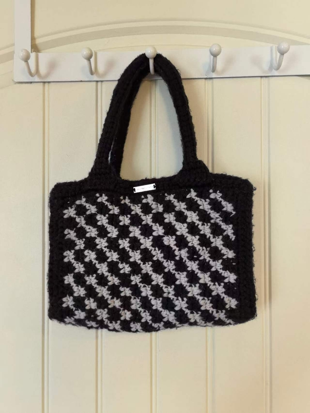 Black & White Crochet Tote Bag with Patterned Front